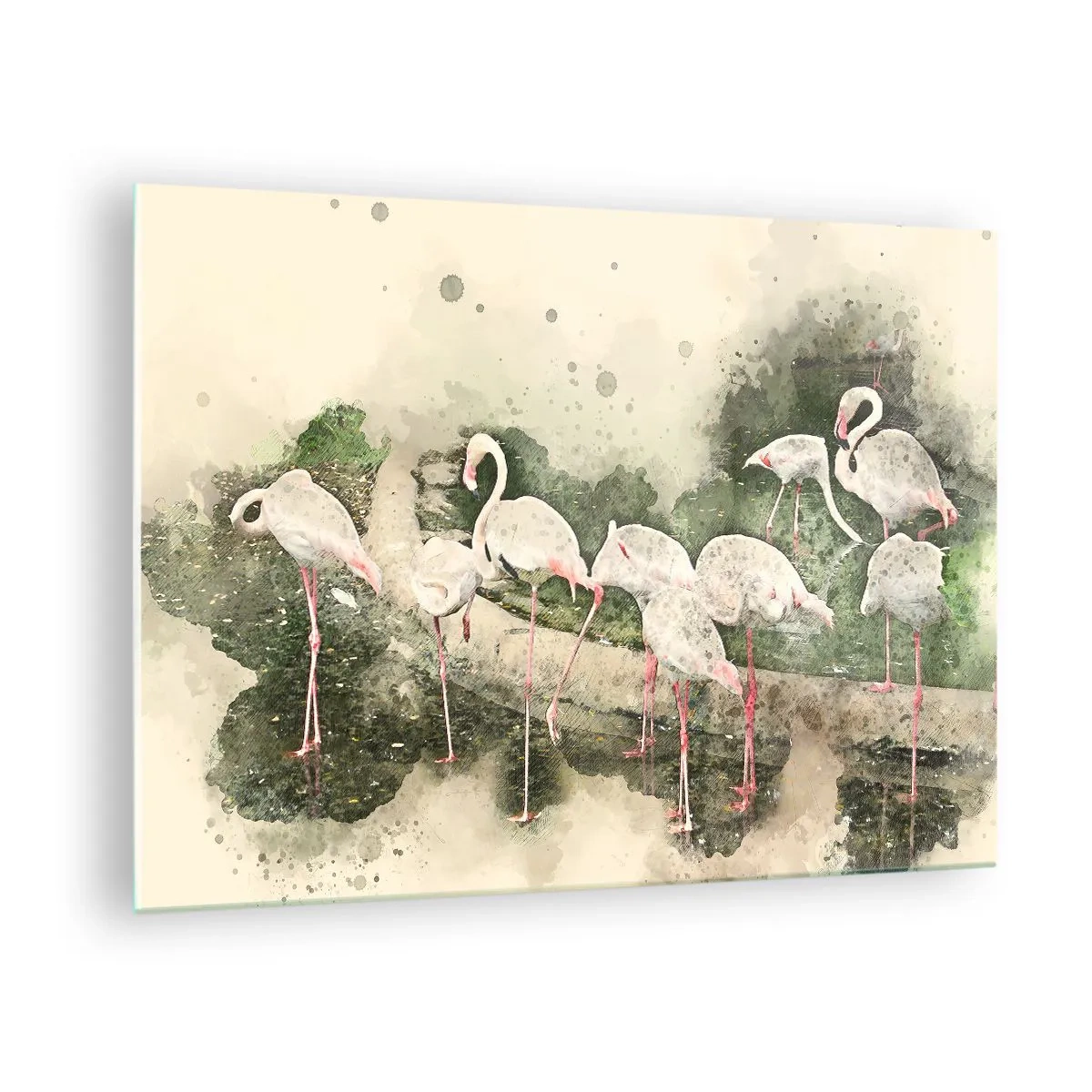 Obraz na skle - Plameňáci na pozadí akvarelové kompozice - 70x50cm - Exotický sen - Moderní nástěnná dekorace do obývacího pokoje a ložnice ARTTOR