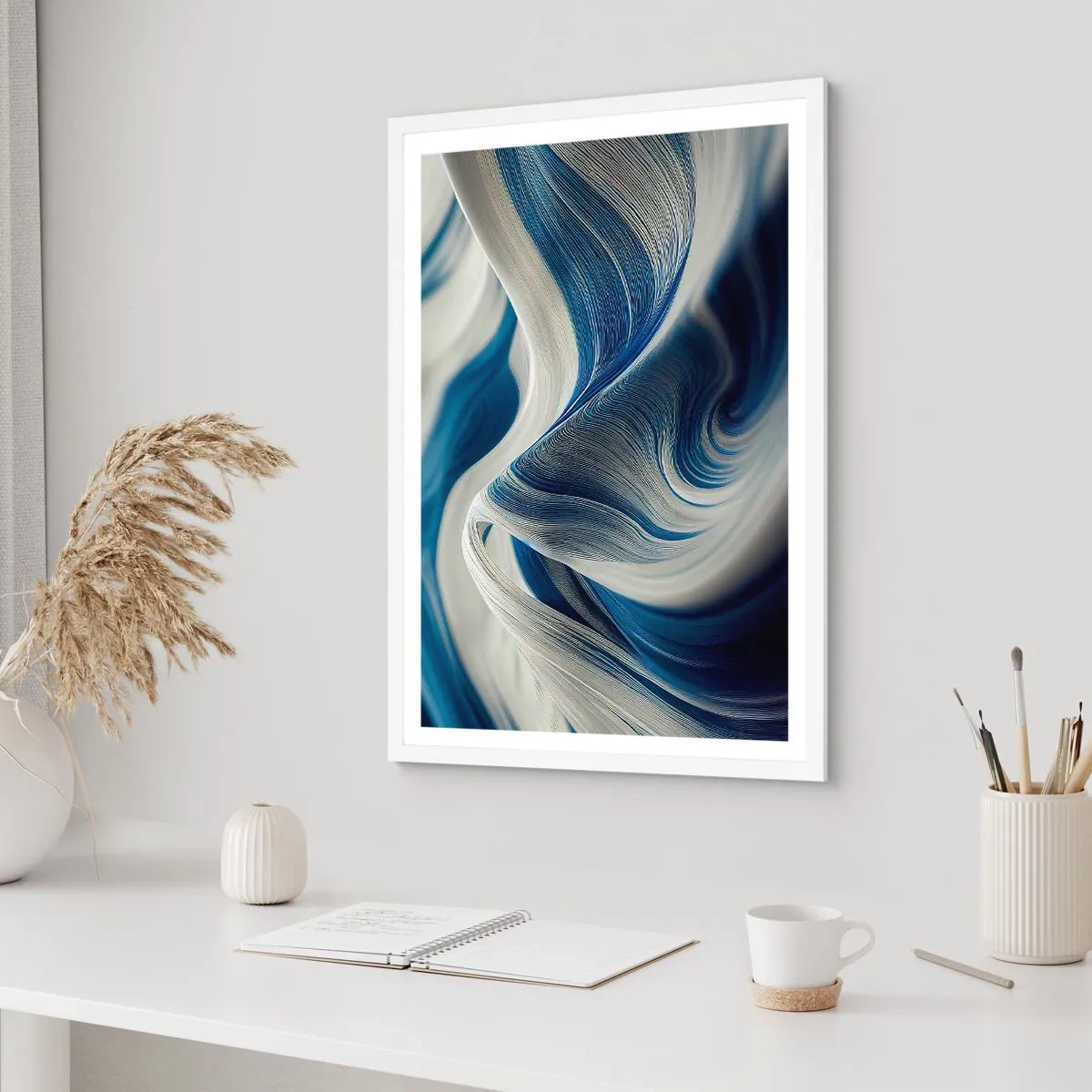 Plakát v bílém rámu - Plynulost modré a bílé - 61x91 cm