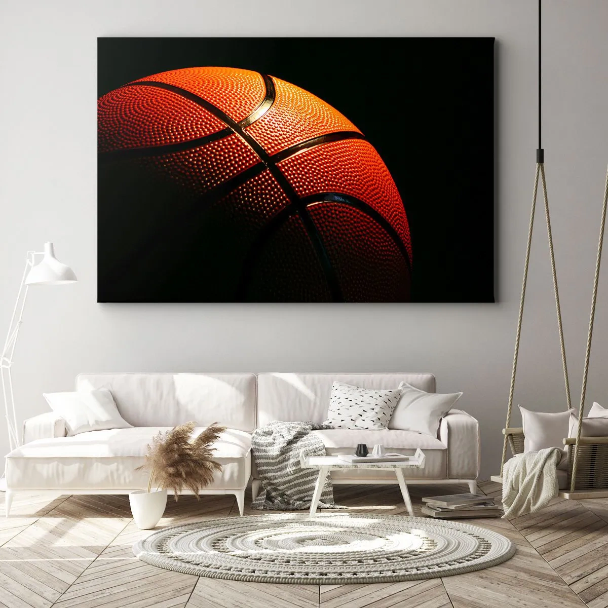 Obraz na plátně - Detail basketbalového míče na černém pozadí - 70x50cm - Krásná jako planeta - Moderní nástěnná dekorace do obývacího pokoje a ložnice ARTTOR