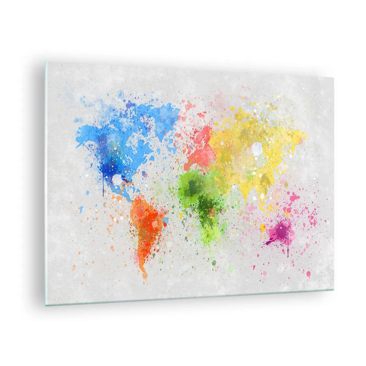 Obraz na skle - Mapa světa v barevných cákanci barvy - 70x50cm - Všechny barvy světa - Moderní nástěnná dekorace do obývacího pokoje a ložnice ARTTOR