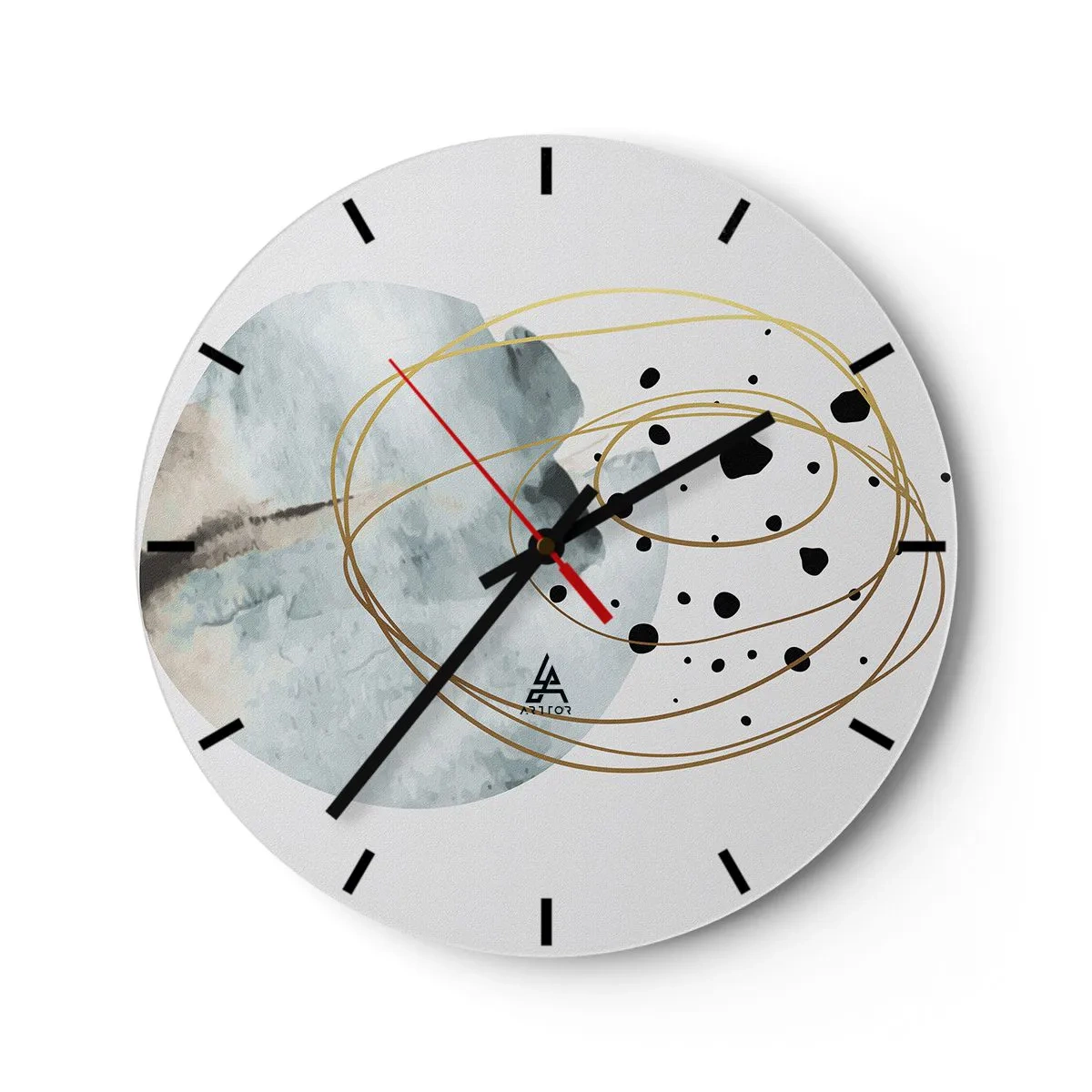 Nástěnné hodiny - Abstraktní zlaté čáry a černé tečky na světlém pozadí - 30x30cm - V objetí prostoru - Moderní nástěnná dekorace do obývacího pokoje, kuchyně a ložnice ARTTOR
