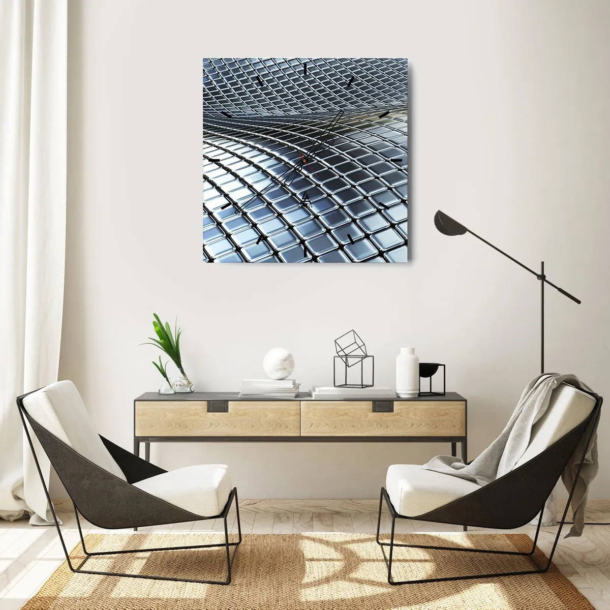 Nástěnné hodiny - Kovová stříbrná vlna - 40x40 cm