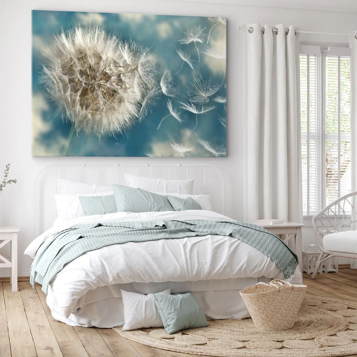 Obraz na plátně - Vyfouklá pampeliška proti modré obloze - 70x50cm - Dech anděla - Moderní nástěnná dekorace do obývacího pokoje a ložnice ARTTOR