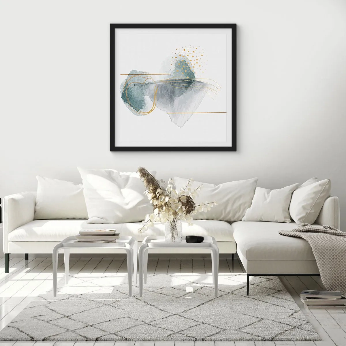 Plakát v černém rámu - O vztahu mezi šedou a zlatou - 40x40 cm