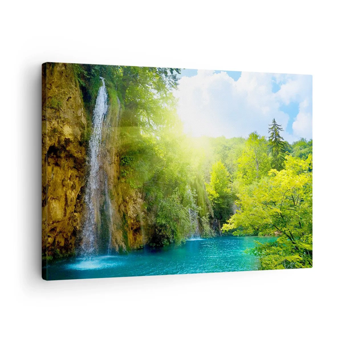 Obraz na plátně - Vodopád vlévající se do tyrkysového jezera obklopeného zelení - 70x50cm - To musí být Eden - Moderní nástěnná dekorace do obývacího pokoje a ložnice ARTTOR