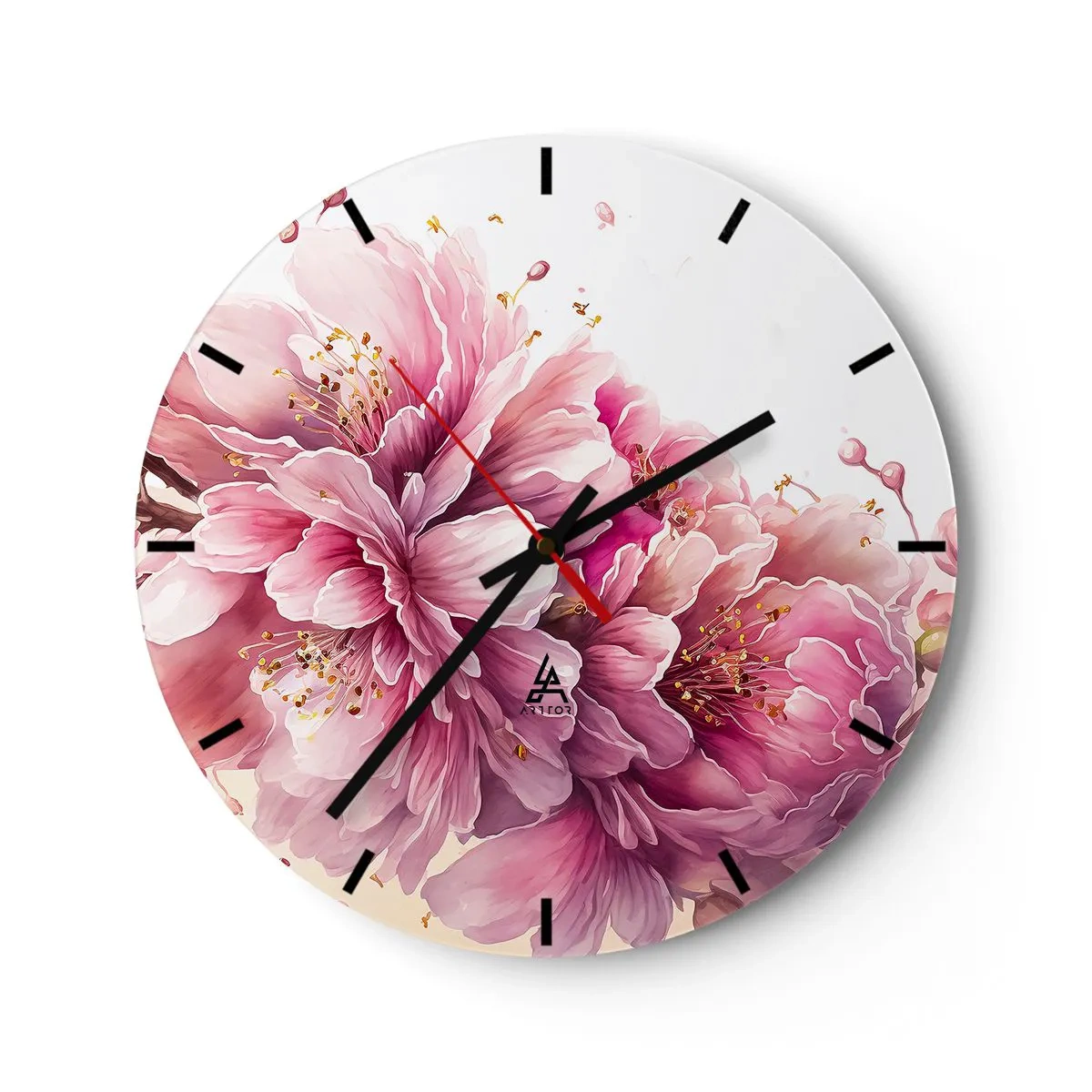 Nástěnné hodiny - Kvetoucí růžové třešňové květy na bílém pozadí v uměleckém stylu - 30x30cm - Květ kvetoucí třešně - Moderní nástěnná dekorace do obývacího pokoje, kuchyně a ložnice ARTTOR