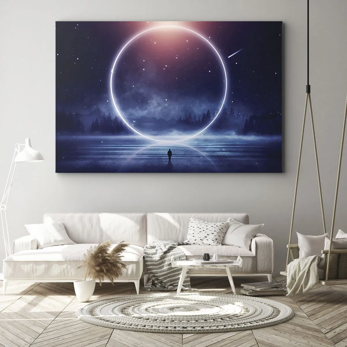Obraz na plátně - Kouzelná krajina s postavou a kruhem světla v noci - 70x50cm - Už jsou tady… - Moderní nástěnná dekorace do obývacího pokoje a ložnice ARTTOR