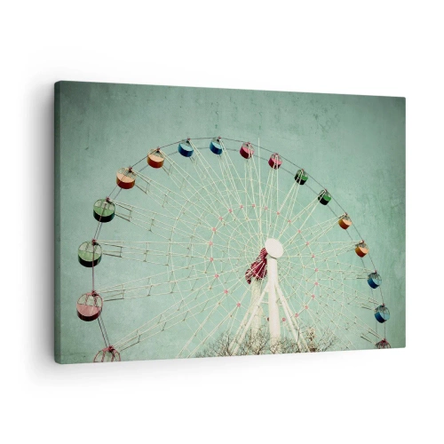 Obraz na plátně - Barevné ruské kolo proti modré obloze v retro stylu - 70x50cm - Zveme vás k zábavě - Moderní nástěnná dekorace do obývacího pokoje a ložnice ARTTOR