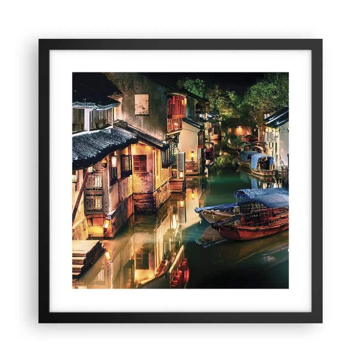Plakát v černém rámu - Večer na čínské ulici - 40x40 cm