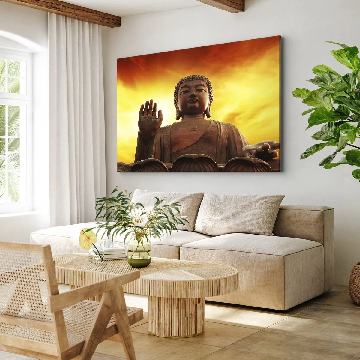 Obraz na plátně - Socha Buddhy proti zlatavé obloze při západu slunce - 70x50cm - Světový mír - Moderní nástěnná dekorace do obývacího pokoje a ložnice ARTTOR