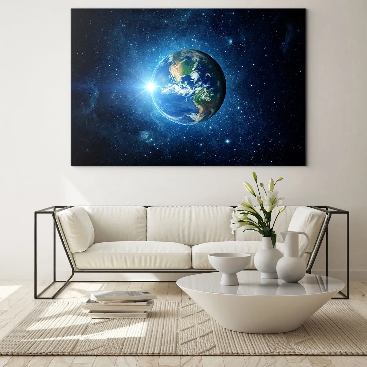 Obraz na skle - Země viděná z vesmíru s paprsky světla - 70x50cm - Jsme v nebi - Moderní nástěnná dekorace do obývacího pokoje a ložnice ARTTOR