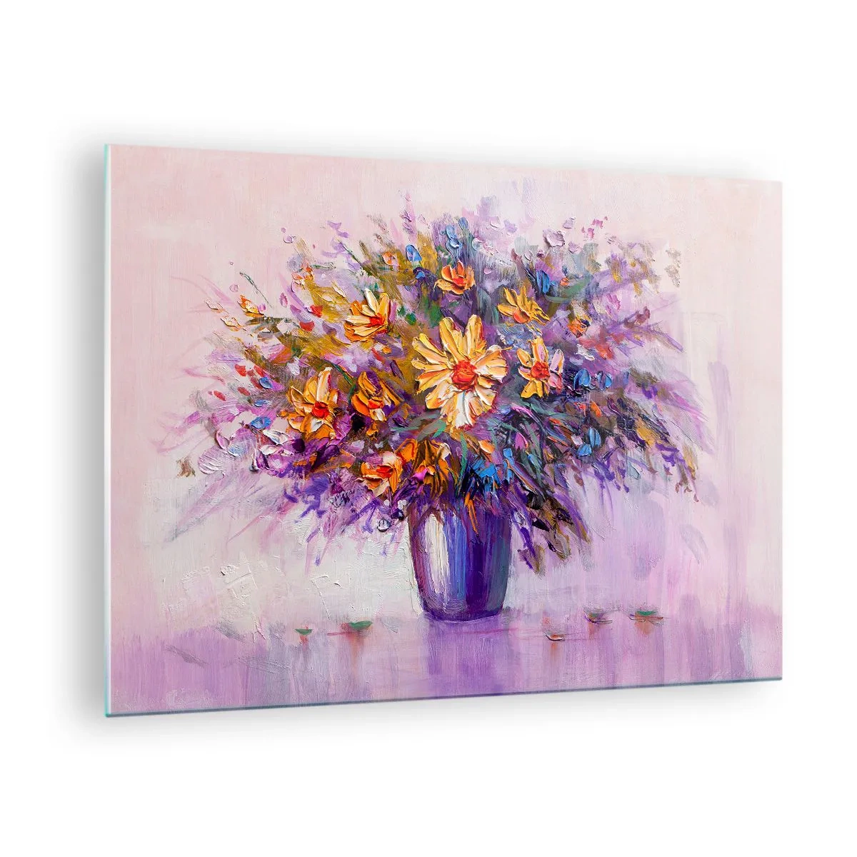 Obraz na skle - Kytice barevných květin ve váze na pastelovém pozadí - 70x50cm - Sladce voní, sladce vypadá - Moderní nástěnná dekorace do obývacího pokoje a ložnice ARTTOR