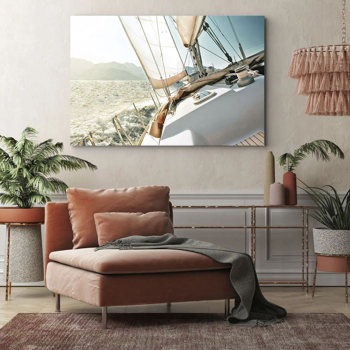 Obraz na plátně - Jachta na otevřeném moři s výhledem na hory - 70x50cm - Pod plnými plachtami - Moderní nástěnná dekorace do obývacího pokoje a ložnice ARTTOR