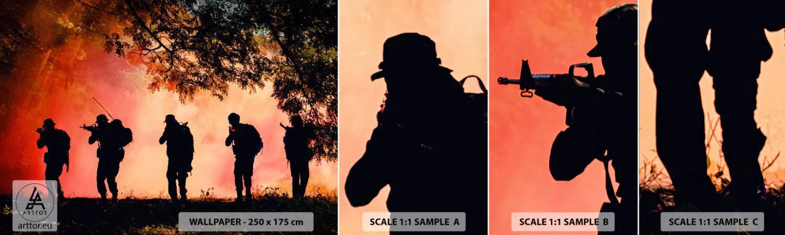 Vzor Fototapety Samolepicí Deluxe Sticker - …Všichni za jednoho. - Voják, Zbraň, Puška - 100x30 cm