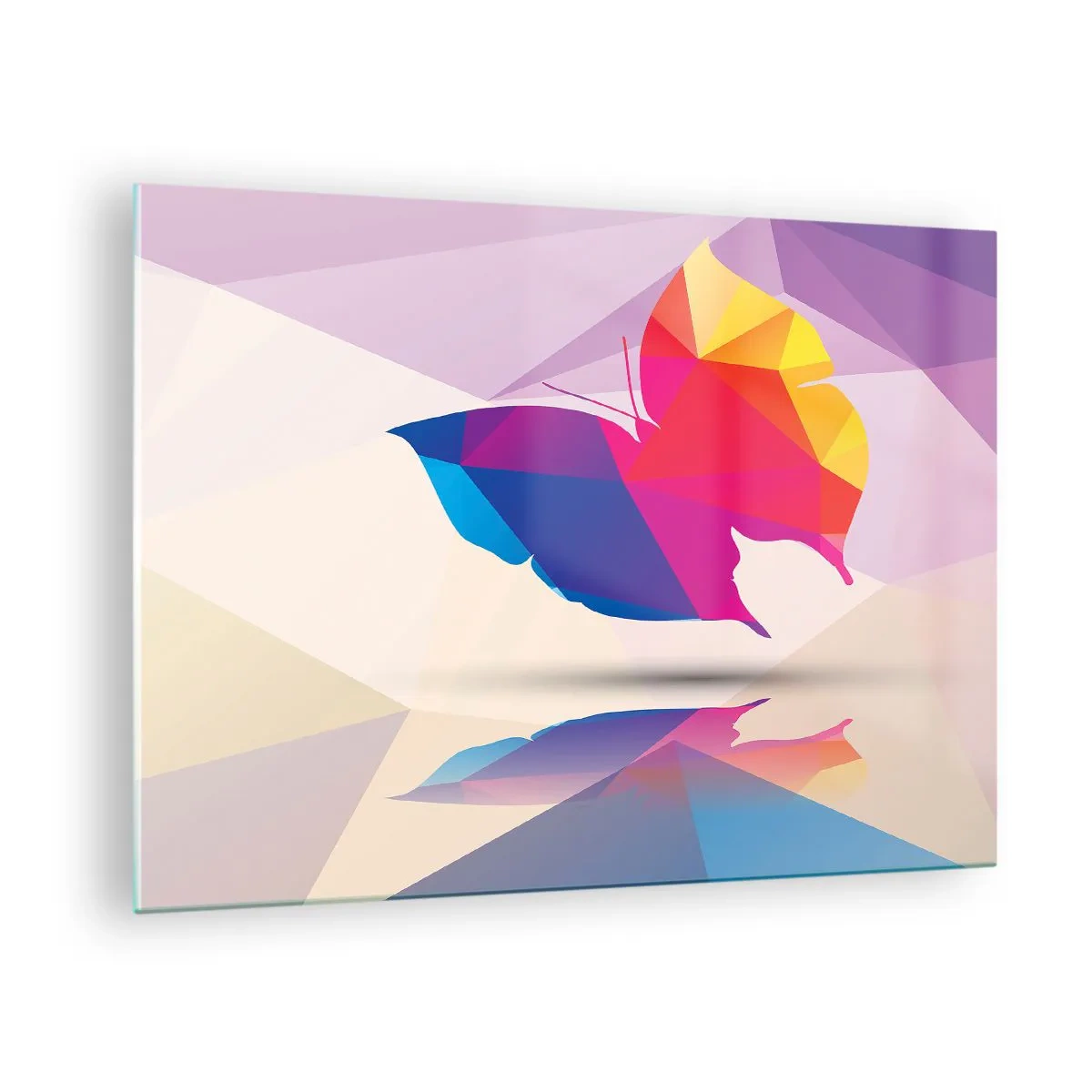 Obraz na skle - Geometrický motýl v zářivě barevné abstrakci - 70x50cm - Motýlí duha - Moderní nástěnná dekorace do obývacího pokoje a ložnice ARTTOR