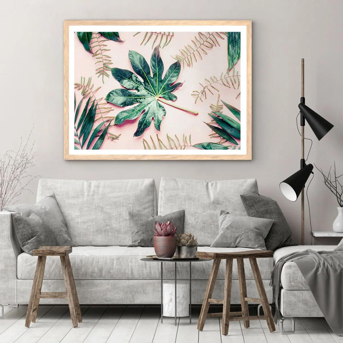 Plakát v rámu světlý dub - Studie zelené na růžovém pozadí - 100x70 cm