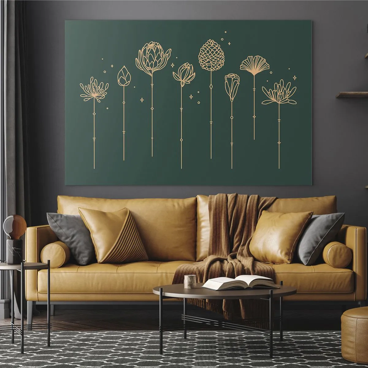 Obraz na skle - Zlaté obrysy bylin a květin na tmavě zeleném pozadí - 70x50cm - Bylinky - Moderní nástěnná dekorace do obývacího pokoje a ložnice ARTTOR