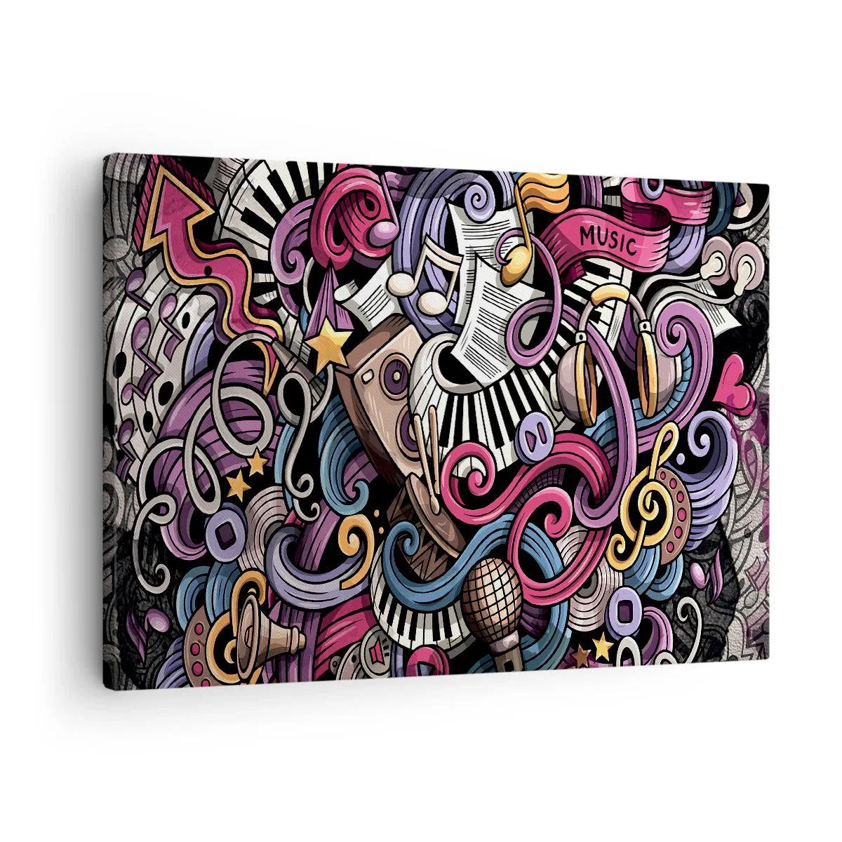 Obraz na plátně - Hudební abstrakce plná barevných nástrojů a not. - 70x50cm - Komplikovaná melodie - Moderní nástěnná dekorace do obývacího pokoje a ložnice ARTTOR