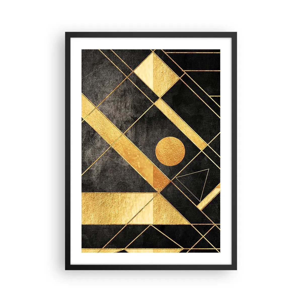 Plakát v černém rámu - Zlaté geometrické vzory na černém pozadí - 50x70cm - Slunce pouště - Moderní nástěnná dekorace do obývacího pokoje a ložnice ARTTOR