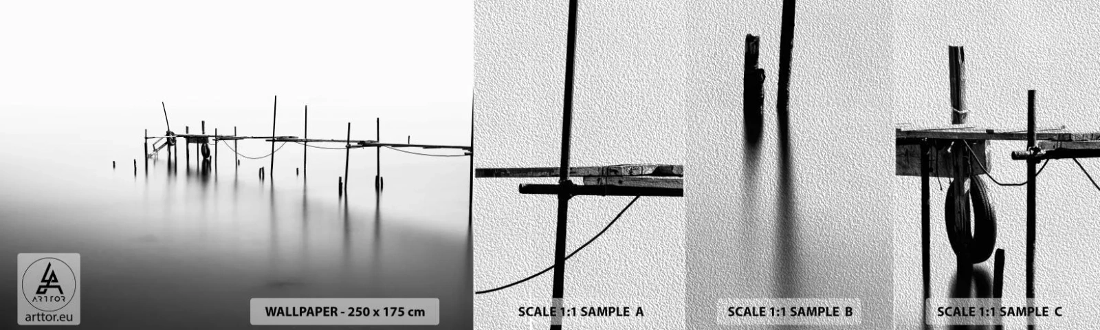 Vzor Fototapety Premium Sand - A co když svět není? - Krajina, Dřevěný most, Černý a bílý - 100x30 cm