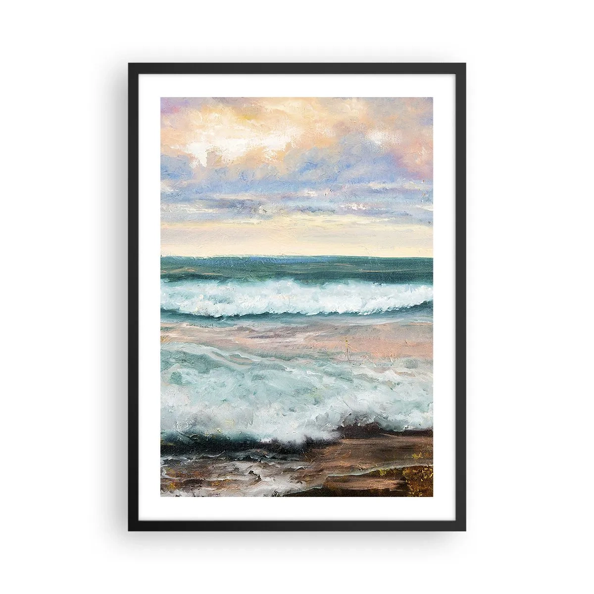 Plakát v černém rámu - Mořské vlny při západu slunce - 50x70cm - Tady uhladíš duši - Moderní nástěnná dekorace do obývacího pokoje a ložnice ARTTOR