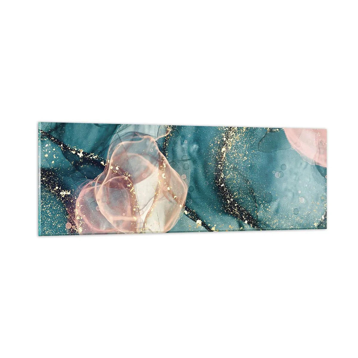 Obraz na skle - Modré hedvábí modré, růžový tyl - 90x30 cm