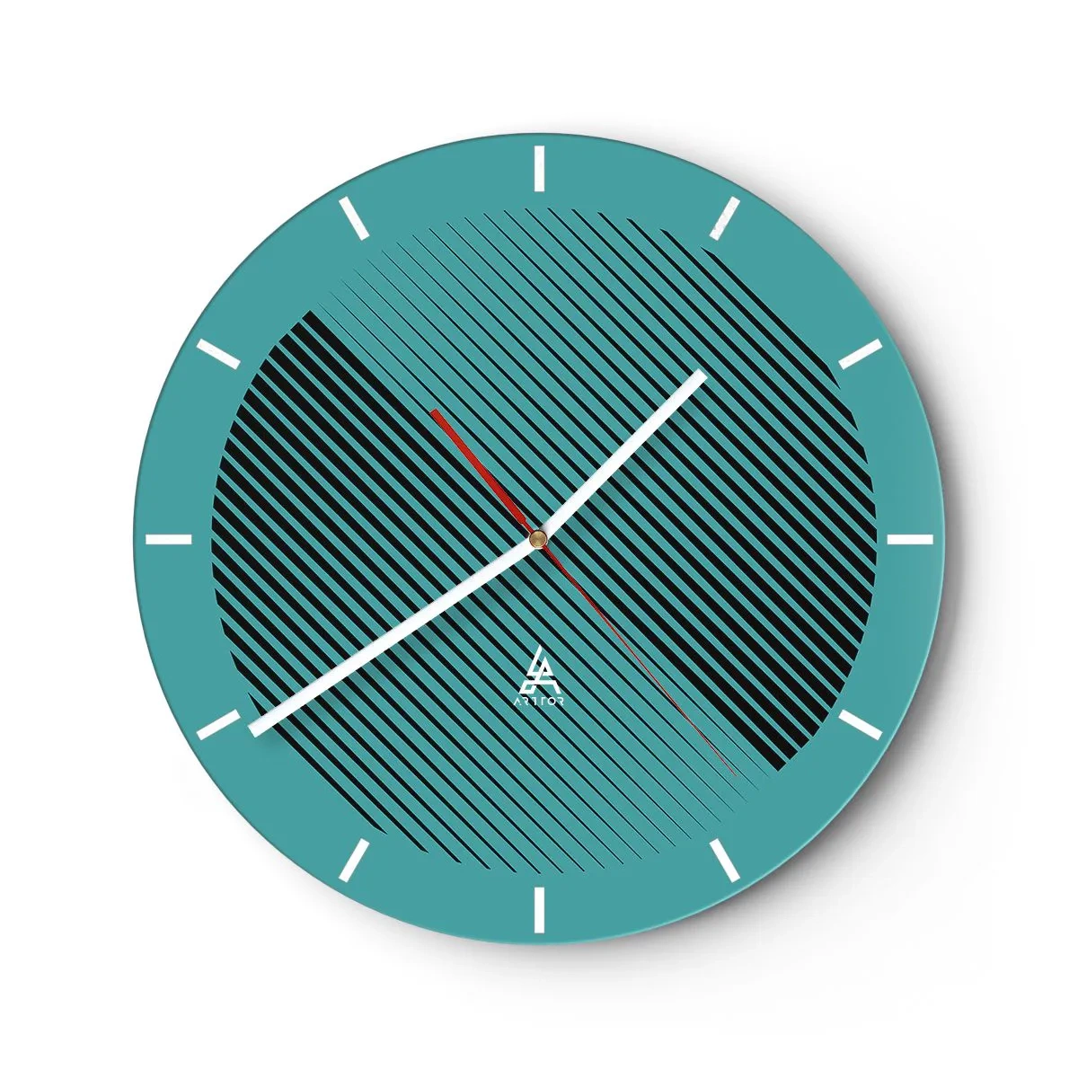 Nástěnné hodiny - Tyrkysové pozadí s černými diagonálními čarami v geometrickém uspořádání - 30x30cm - Kruh – geometrická variace - Moderní nástěnná dekorace do obývacího pokoje, kuchyně a ložnice ARTTOR