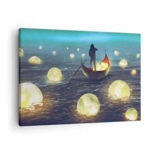 Obraz na plátně - Postava v lodi obklopená světelnými koulemi na vodě - 70x50cm - Věci, o nichž se filozofům nezdá - Moderní nástěnná dekorace do obývacího pokoje a ložnice ARTTOR