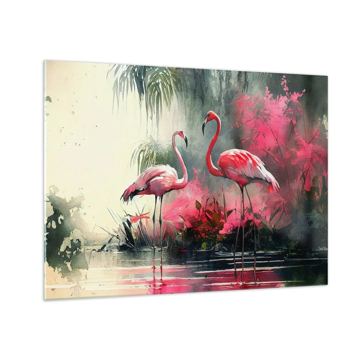 Obraz na skle - Dva plameňáci v tropickém prostředí u vody - 70x50cm - Hodiny přírodního kouzla - Moderní nástěnná dekorace do obývacího pokoje a ložnice ARTTOR