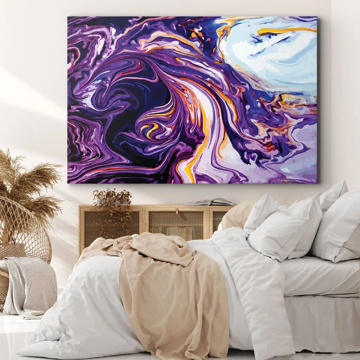 Obraz na plátně - Dynamický abstraktní vzor v odstínech fialové a žluté. - 70x50cm - Záhyb prostoru ve fialové - Moderní nástěnná dekorace do obývacího pokoje a ložnice ARTTOR