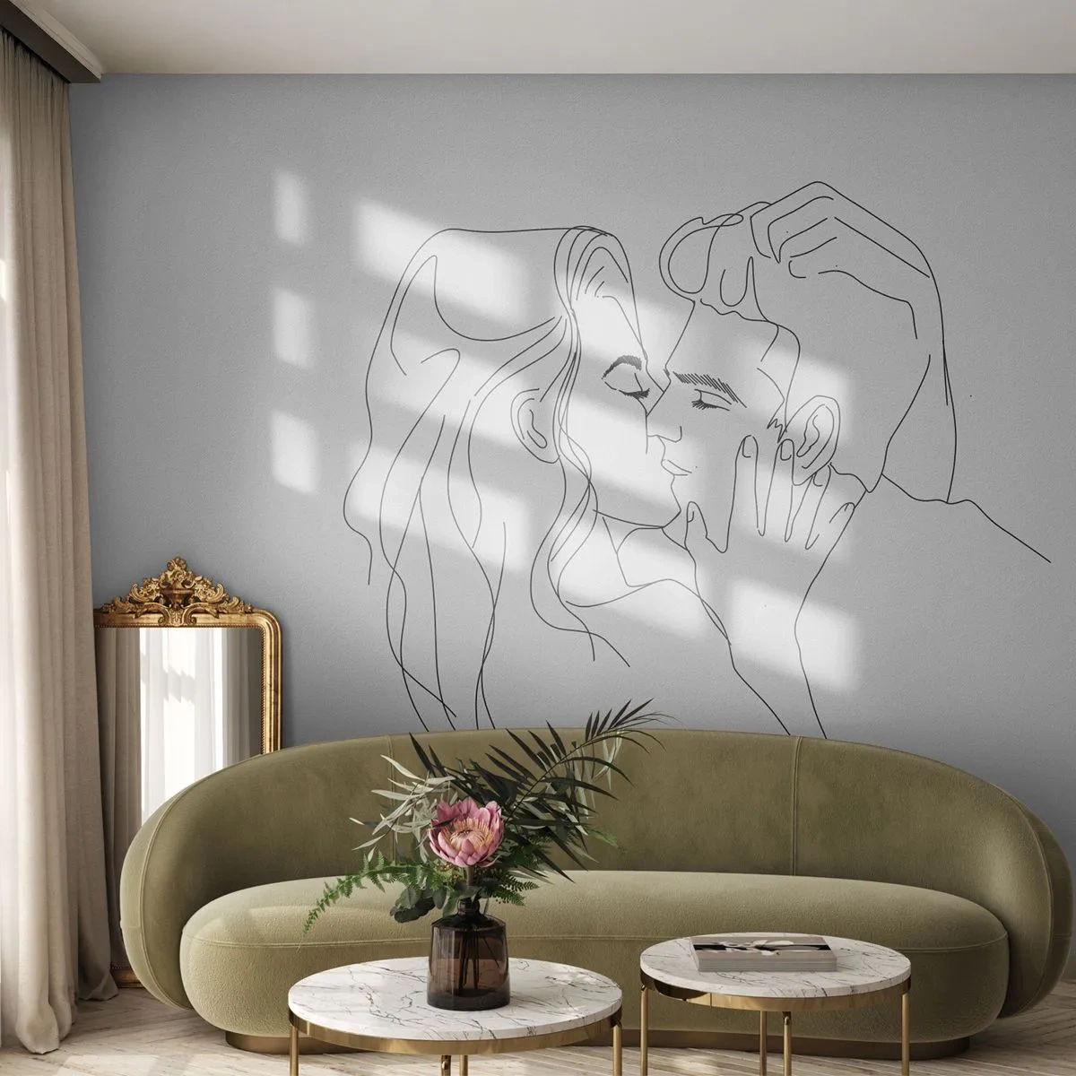 Fototapeta Premium Sand - Jedním tahem - Grafika, Zamilovaný pár, Polibek - 350x256 cm