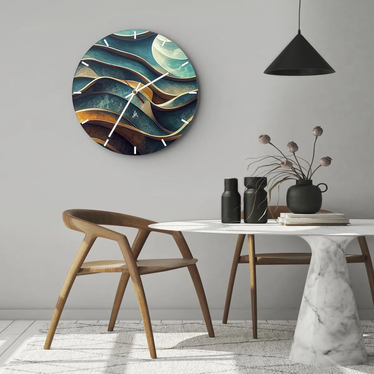 Nástěnné hodiny - Abstraktní vlny modré a hnědé s 3D efektem - 30x30cm - Meandry modré - Moderní nástěnná dekorace do obývacího pokoje, kuchyně a ložnice ARTTOR