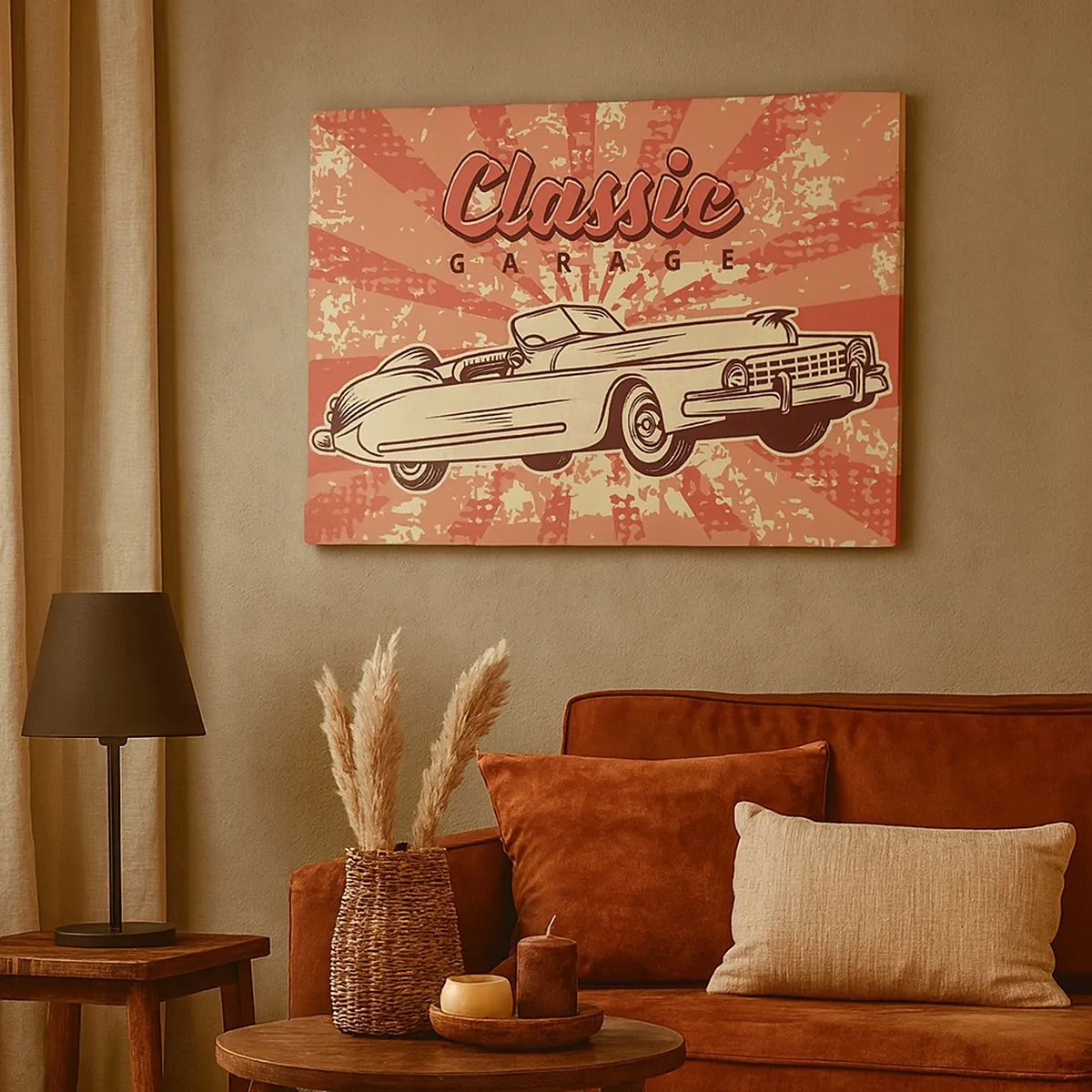 Obraz na plátně - Retro plakát s klasickým autem a nápisem Classic Garage - 70x50cm - V rádiu je Elvis - Moderní nástěnná dekorace do obývacího pokoje a ložnice ARTTOR