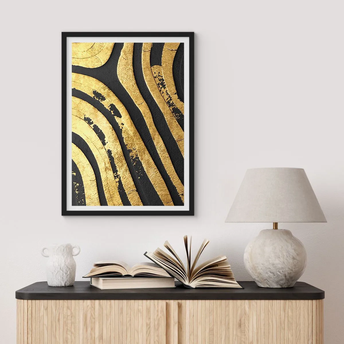 Plakát v černém rámu - Zlaté čáry na tmavém pozadí - 50x70cm - Vše plyne - Moderní nástěnná dekorace do obývacího pokoje a ložnice ARTTOR