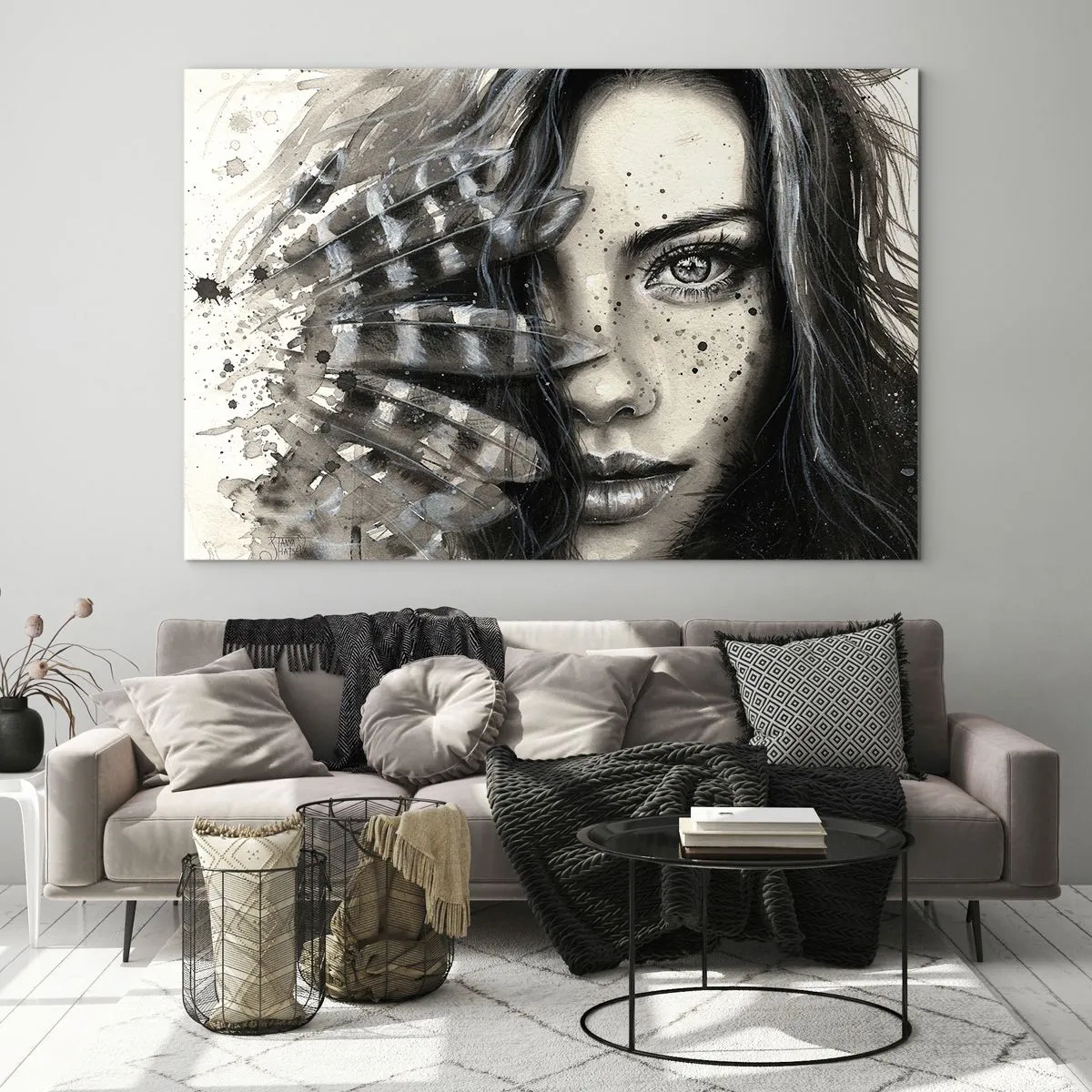 Obraz na skle - Portrét ženy s peřím a abstraktními detaily - 70x50cm - Divoká krása - Moderní nástěnná dekorace do obývacího pokoje a ložnice ARTTOR