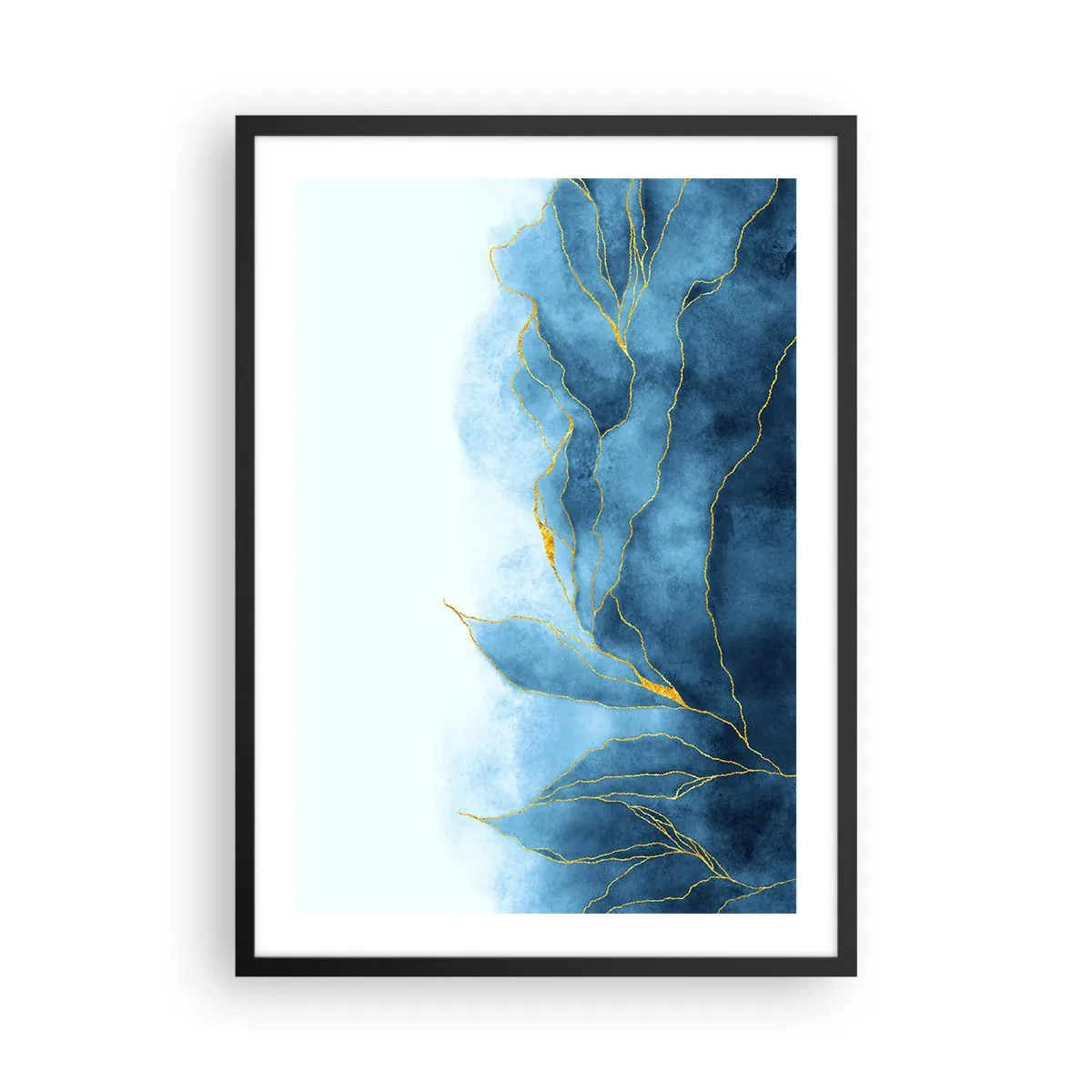 Plakát v černém rámu - Abstraktní kompozice v odstínech modré se zlatými liniemi. - 50x70cm - Blankyt ve zlatě - Moderní nástěnná dekorace do obývacího pokoje a ložnice ARTTOR