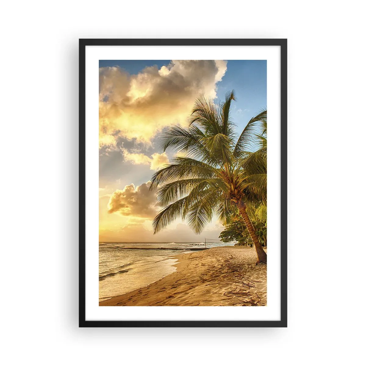 Plakát v černém rámu - Pláž s palmami a zlatým západem slunce - 50x70cm - Věčné léto, vždy prázdniny - Moderní nástěnná dekorace do obývacího pokoje a ložnice ARTTOR