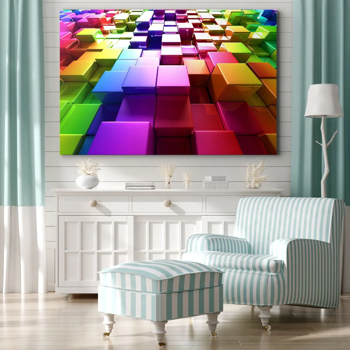Obraz na plátně - Barevné 3D geometrické kostky - 70x50cm - Op-artové společně v týmu - Moderní nástěnná dekorace do obývacího pokoje a ložnice ARTTOR