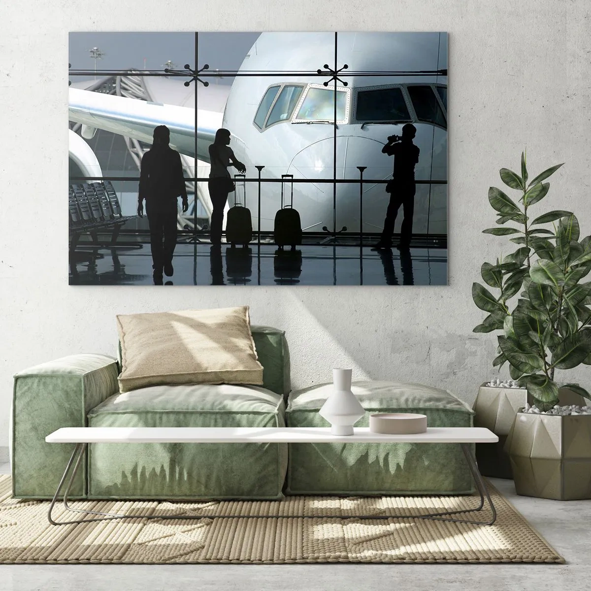 Obraz na skle - Letiště s výhledem na letadlo a siluety cestujících - 70x50cm - Vis a vis na letišti - Moderní nástěnná dekorace do obývacího pokoje a ložnice ARTTOR