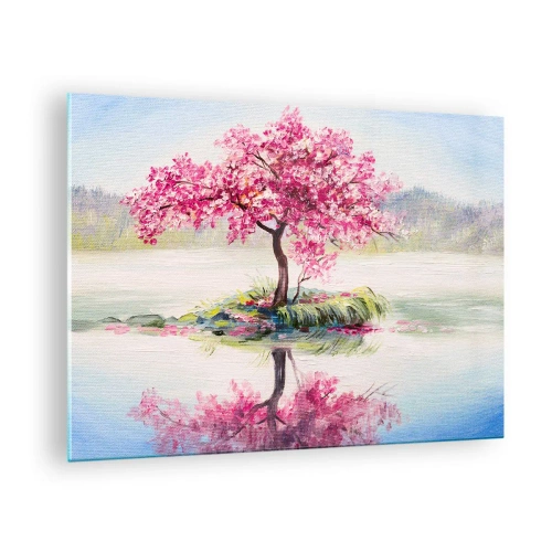 Obraz na skle - Růžový strom na ostrově odrážející se v klidné vodě - 70x50cm - Svátek jara - Moderní nástěnná dekorace do obývacího pokoje a ložnice ARTTOR
