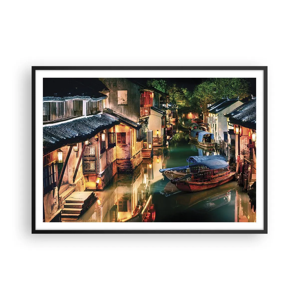 Plakát v černém rámu - Večer na čínské ulici - 100x70 cm