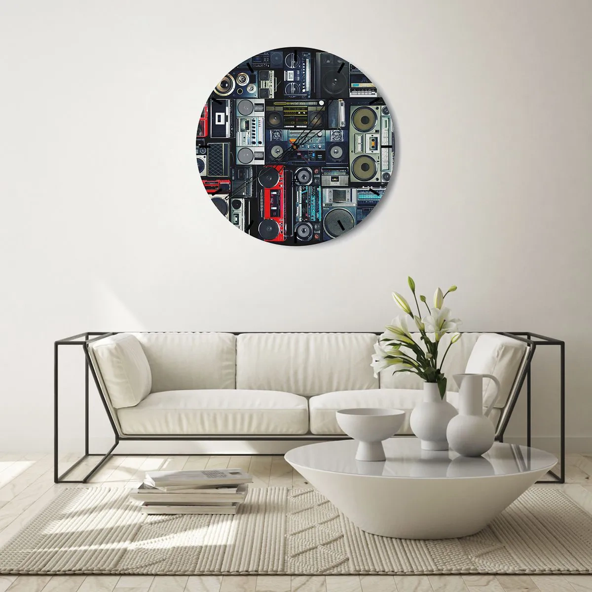 Nástěnné hodiny - Barevná rádia a magnetofony v retro stylu - 30x30cm - Stesk po 80. letech - Moderní nástěnná dekorace do obývacího pokoje, kuchyně a ložnice ARTTOR