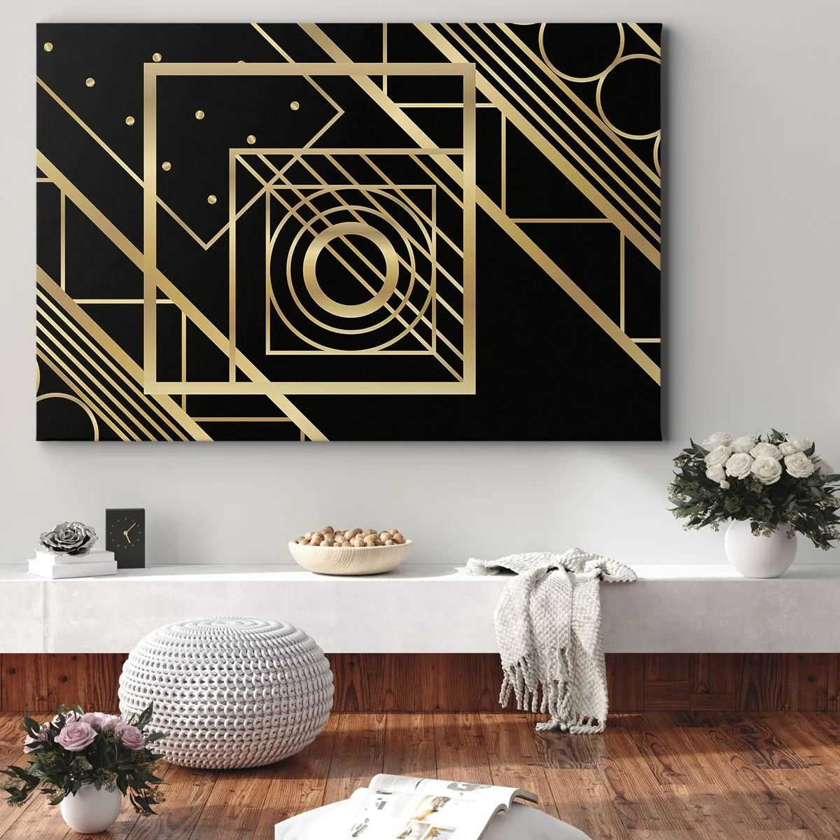 Obraz na plátně - Zlaté geometrické vzory na černém pozadí - 70x50cm - Zlatá geometrie - Moderní nástěnná dekorace do obývacího pokoje a ložnice ARTTOR