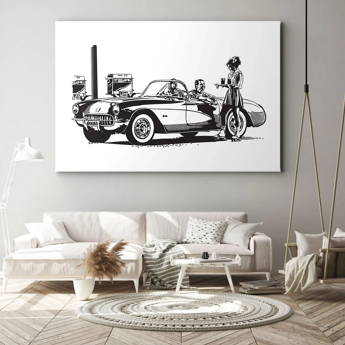 Obraz na plátně - Černobílá retro scéna s autem a servírkou na kolečkových bruslích. - 70x50cm - 60. - bezstarostná Amerika - Moderní nástěnná dekorace do obývacího pokoje a ložnice ARTTOR