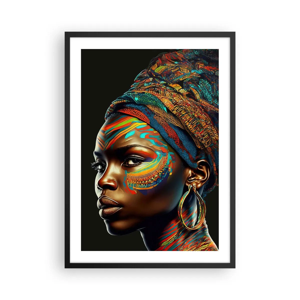 Plakát v černém rámu - Portrét ženy v barevném šátku a etnickém make-upu - 50x70cm - Africká královna - Moderní nástěnná dekorace do obývacího pokoje a ložnice ARTTOR