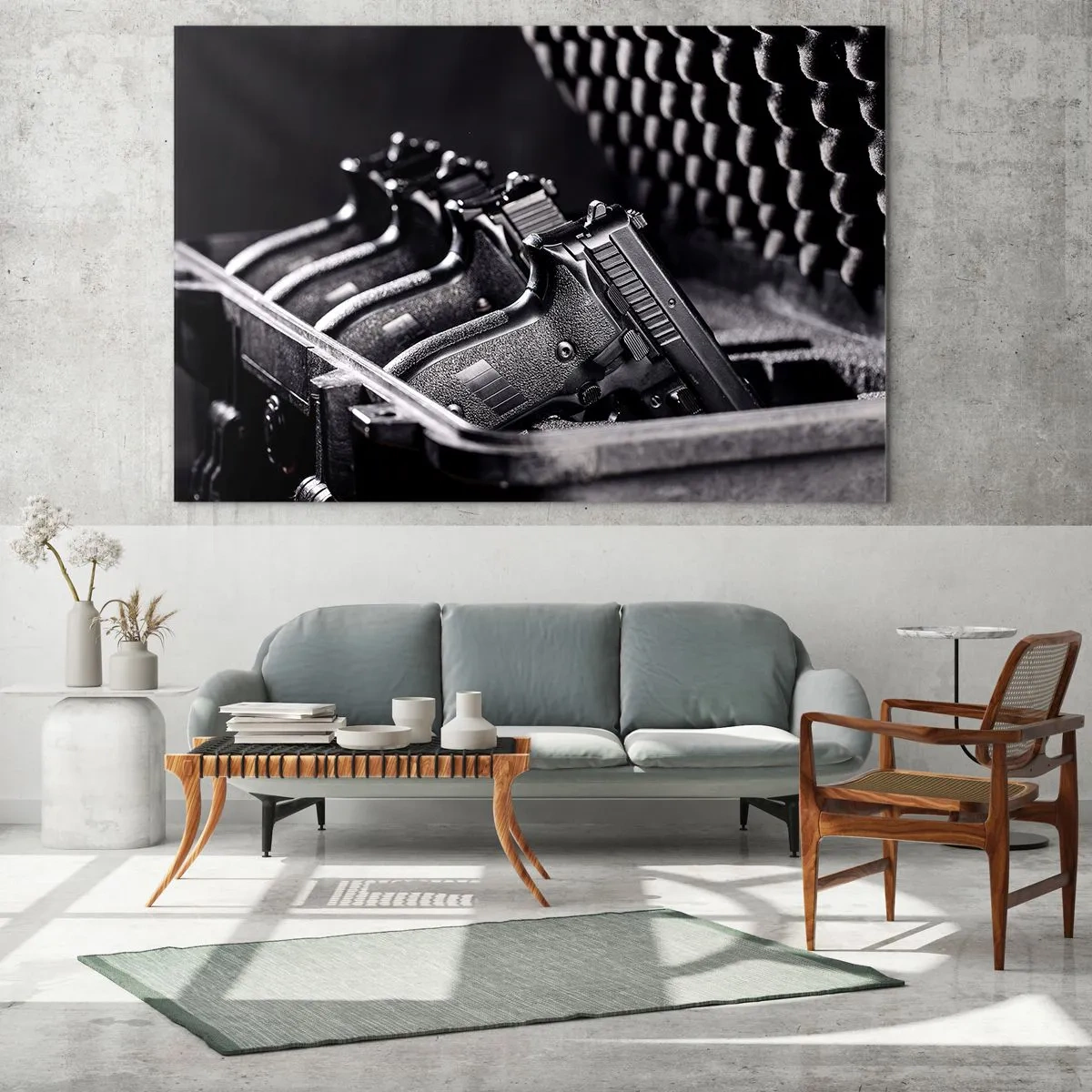 Obraz na skle - Černé pistole v pouzdře na pozadí ochranné pěny - 70x50cm - Mužský sport - Moderní nástěnná dekorace do obývacího pokoje a ložnice ARTTOR