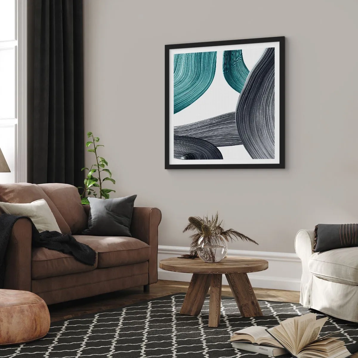 Plakát v černém rámu - Smaragdové a černé vlny - 60x60 cm