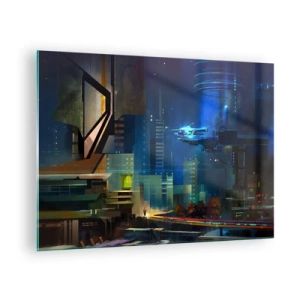 Obraz na skle - Futuristické město v noci s neonovými světly a létajícím vozidlem - 70x50cm - V blízké budoucnosti - Moderní nástěnná dekorace do obývacího pokoje a ložnice ARTTOR