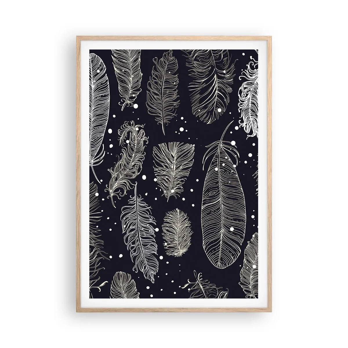 Plakát v rámu světlý dub - Krajka s peřím - 70x100 cm