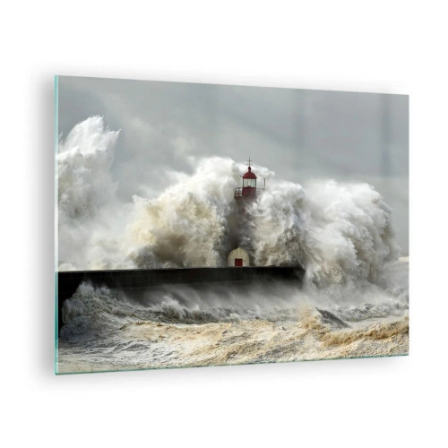 Obraz na skle - Maják obklopený silnými vlnami - 70x50cm - Hněv oceánu - Moderní nástěnná dekorace do obývacího pokoje a ložnice ARTTOR